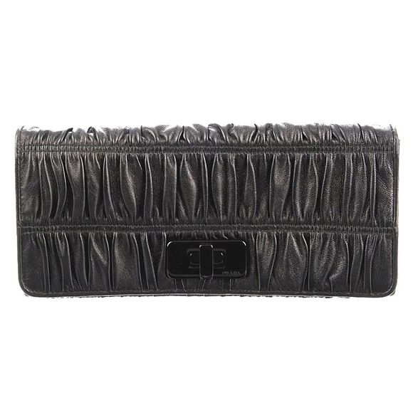 🐢 Prada Continental Wallet Black Nappa Gaufre Leather Silver Hardware Leather - Picture 1 of 6